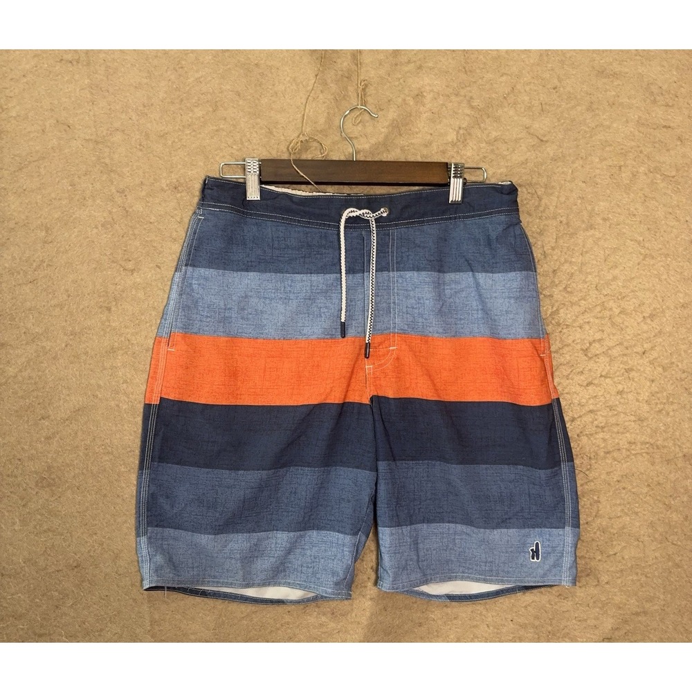 Johnnie O Swim Trunks Mens Sz M Blue Orange Striped Lined 9" Inseam